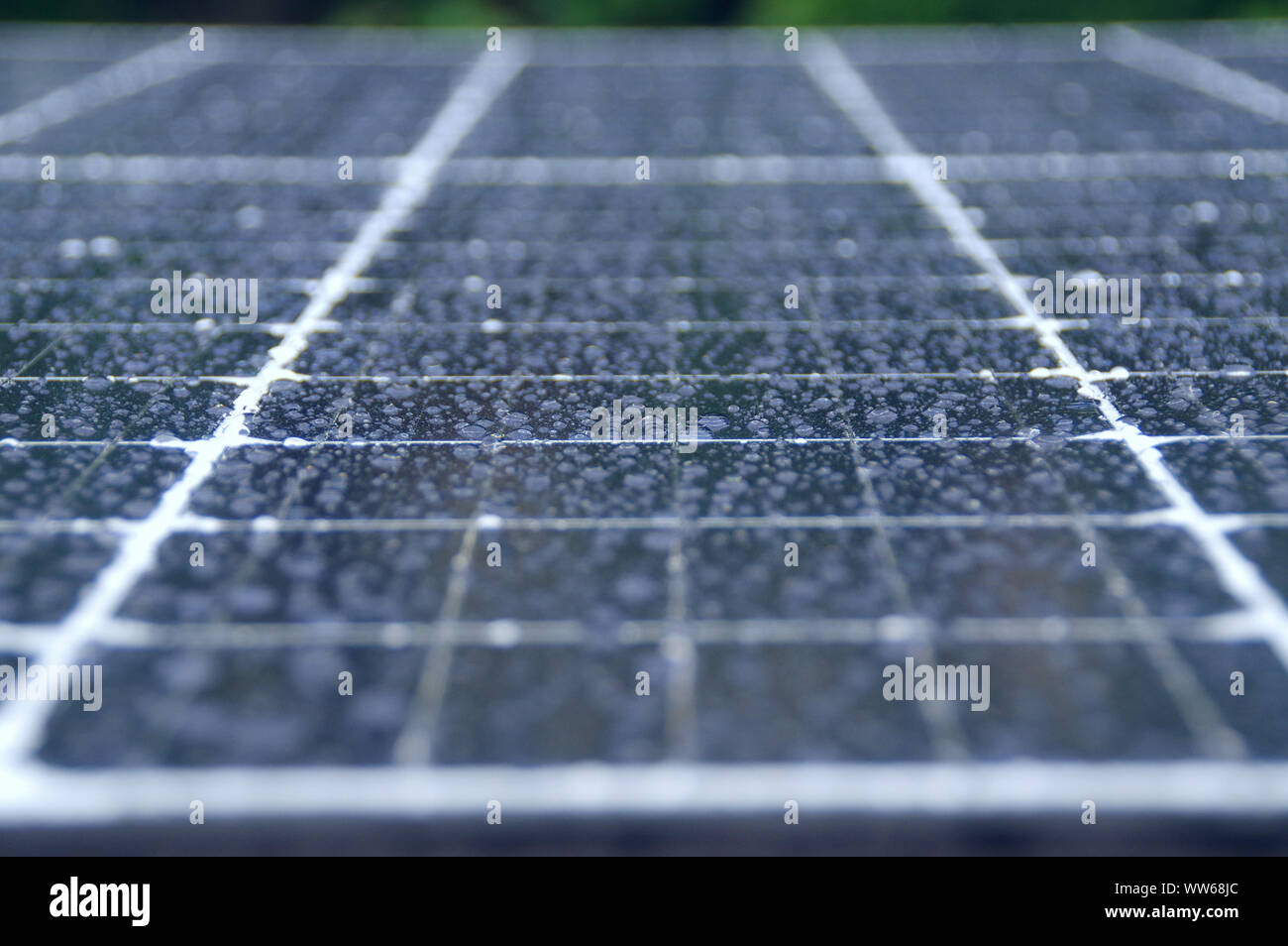 Paneles de energía solar fotovoltaica en la lluvia. Gotas de agua en la celda de vidrio. Foto de stock