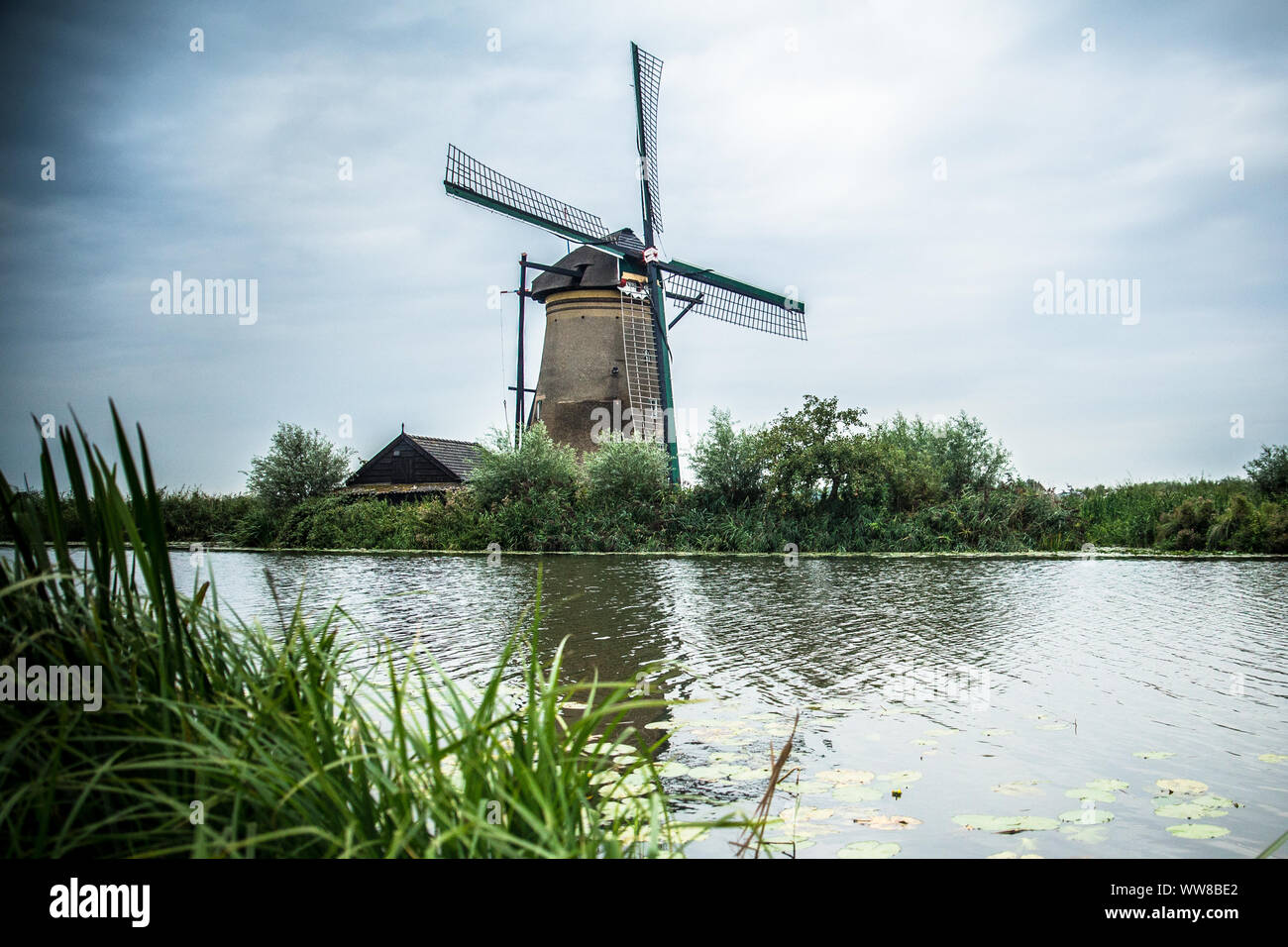 Vista del molino de viento holandés tradicional y paisaje visto desde Kinderdijk Holanda Foto de stock