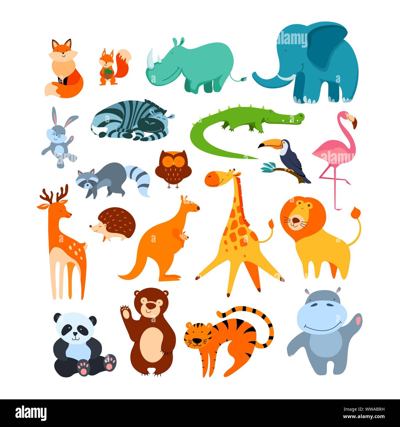 Conjunto de grandes animales. Colección de personajes de dibujos animados  lindo aislado sobre fondo blanco. Flat ilustración vectorial Imagen Vector  de stock - Alamy