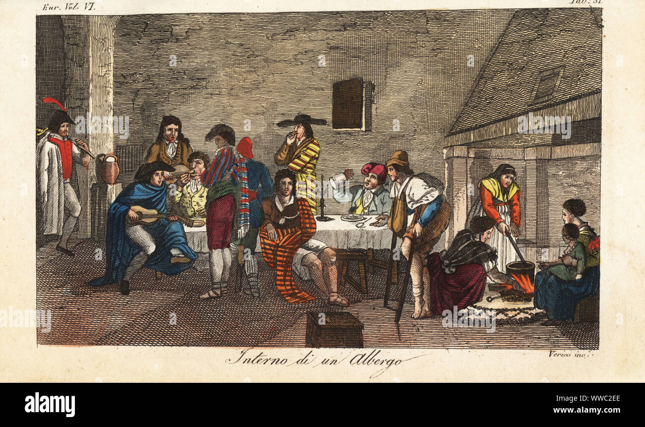 Interior de una posada en el Reino de Valencia, España, 1800. Los viajeros  comer y beber, charlar y jugar música de laúd y guitarra, mientras que los  empleados cocinar en el hogar