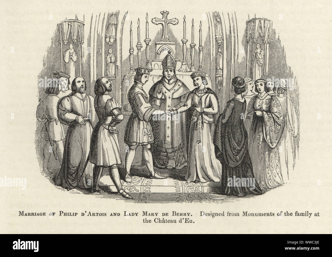 El matrimonio de Felipe d'Artois, Conde de Eu, y la señora María de Berry, Duquesa de Auvergne, 1393. Monumentos de graves en el Chateau d'Eu. Xilografía después de un manuscrito iluminado de Sir John Froissart las crónicas de Inglaterra, Francia, España y los países limítrofes, a partir de la última parte del reinado de Eduardo II para la coronación de Enrique IV, George Routledge, Londres, 1868. Foto de stock