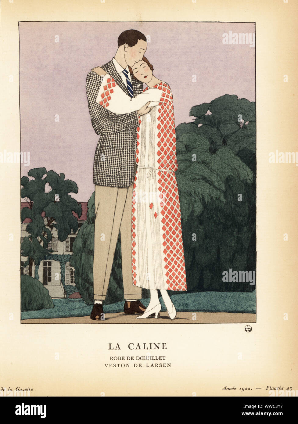Mujer en ropa de verano por Doeuillet abrazando a un hombre. La Caline.  Robe d'ete de Doeuillet, veston de Larsen. La placa 43, Vol. 2.6, 1922.  Litografía por Andre-Edouard Handcolored pochoir Marty