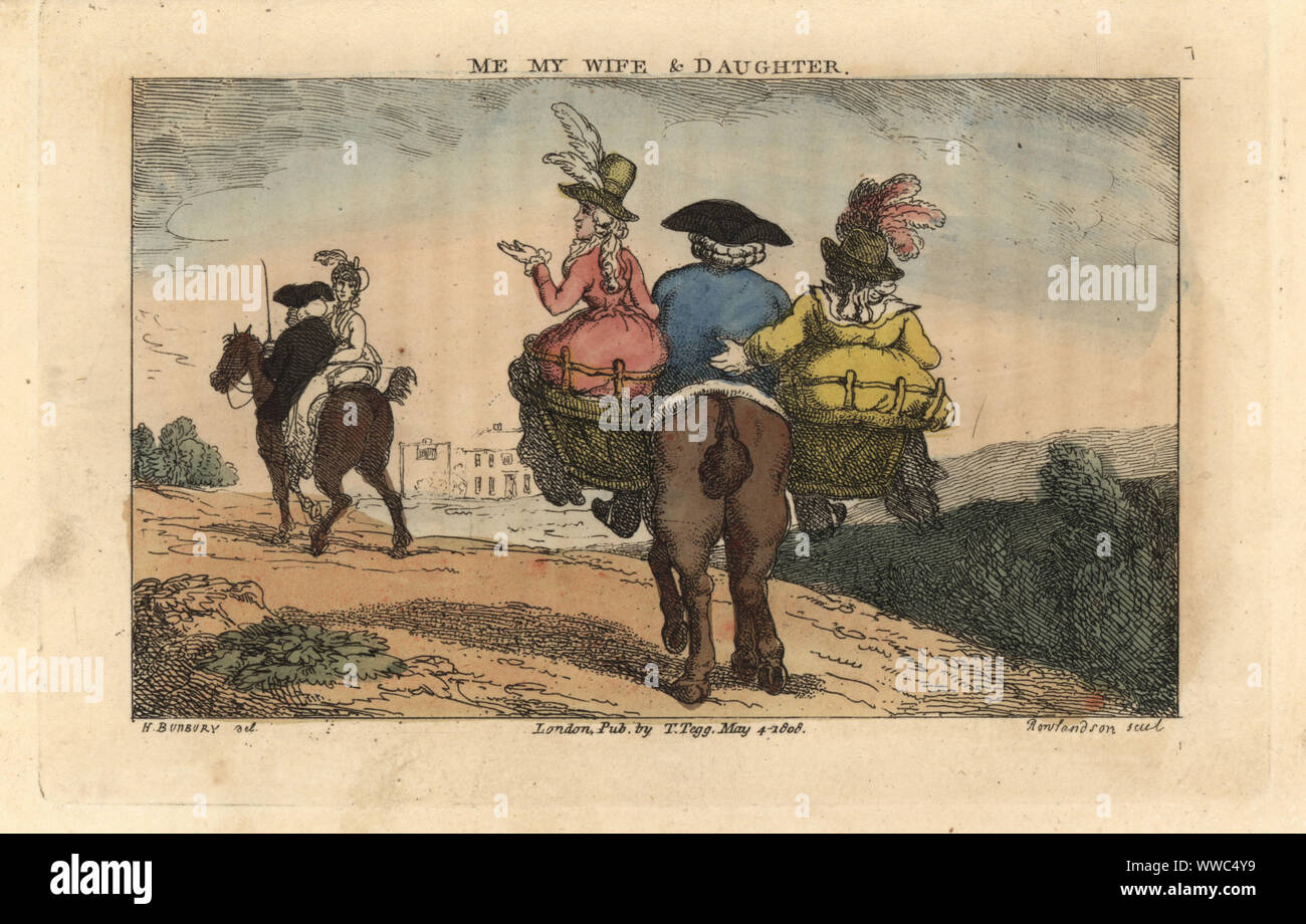 Regency varón cabalgaba sobre un caballo con dos mujeres en los asientos  montados en los asientos pillion pannier cesta junto a él. Parson y lady  caballo sidesaddle por delante. Yo, mi esposa