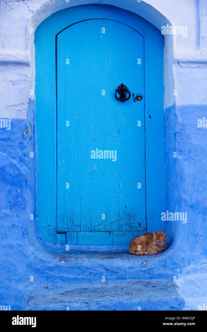 Una vista de la distintiva arquitectura azul de Chefchaouen, en el noroeste de Marruecos. Foto de stock