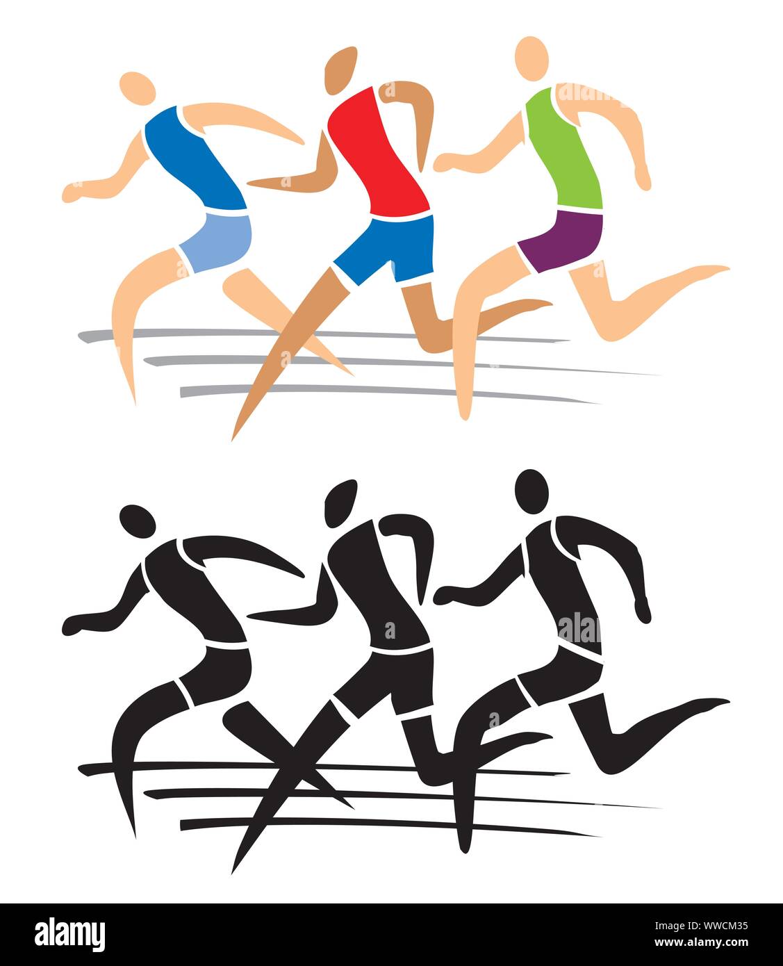 Corriendo la carrera. Tres hombres en la pista de atletismo. Aislado sobre  fondo  disponible Imagen Vector de stock - Alamy