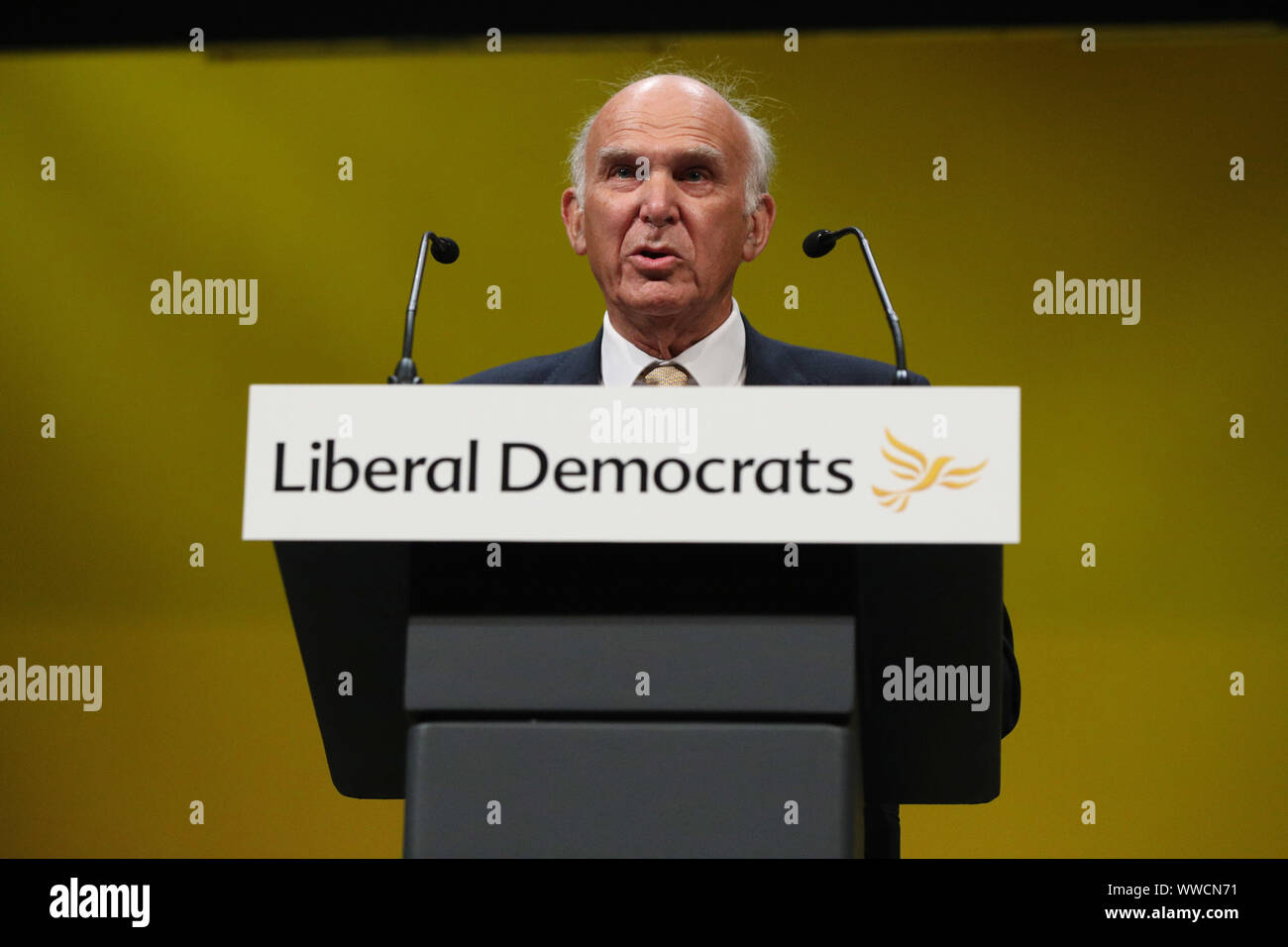 El ex líder Lib Dem Sir Vince Cable, habla durante la conferencia de otoño de los Demócratas Liberales en el Bournemouth International Centre en Bournemouth. PA la foto. Imagen Fecha: domingo 15 septiembre, 2019. Ver historia principal LIBDEMS PA. Crédito de la foto debe leer: Jonathan Brady PA/cable Foto de stock