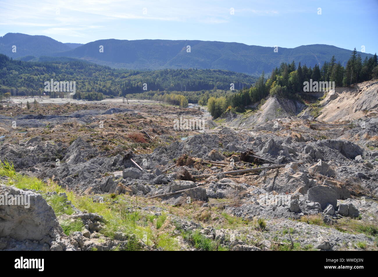 La parte inferior del mortal 2014 Oso Landslide, Oso Landslide, North Fork Stillaguamish River Valley, Snohomish County, Washington, EE.UU Foto de stock