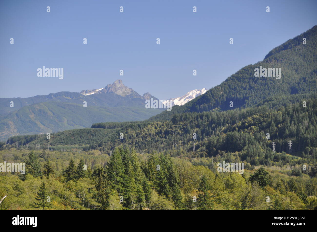Glacier Peak visto desde el Oso Landslide, North Fork Stillaguamish River Valley, Snohomish County, Washington, EE.UU Foto de stock