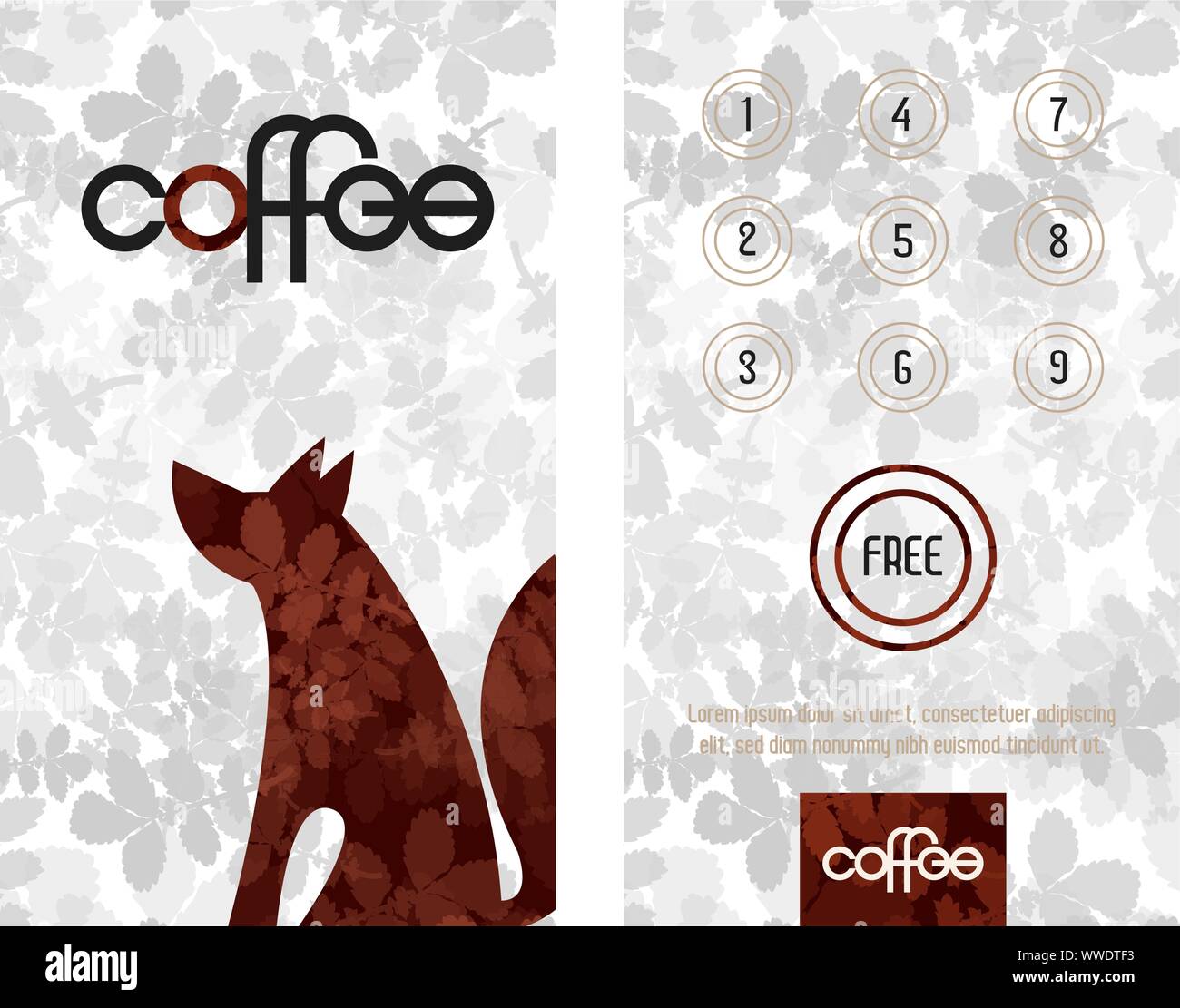 Tarjeta de fidelización. Tarjeta horizontal con programa de lealtad para los clientes de las tiendas de café, café casas y mucho más. Sentado lobo o perro. Ilustración del Vector