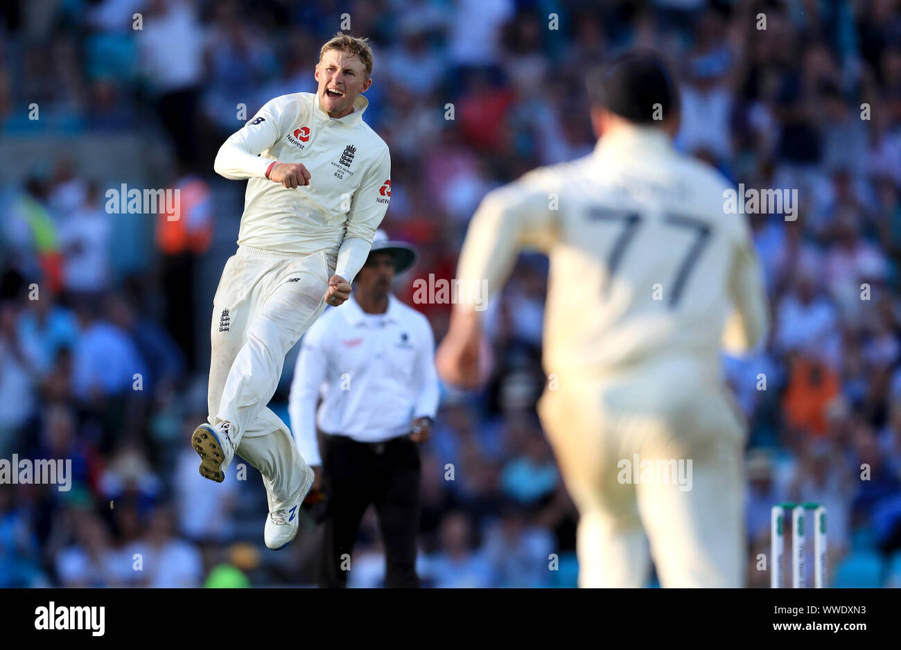 Inglaterra Joe Root celebra teniendo el wicket de Australia, Matthew Wade durante el día 4 de la quinta prueba coinciden en el Kia Oval, Londres. Foto de stock