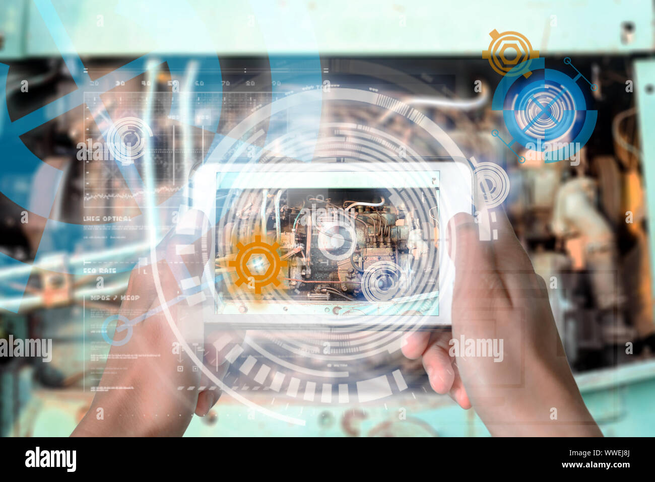 Dispositivo de realidad aumentada mediante tecnología inteligente, mezcla de realidad virtual y aumento a través de la aplicación de la inteligencia artificial y comput Foto de stock