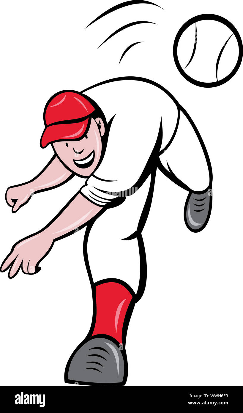 Ilustración de un jugador de béisbol de la lanzadora lanzando bolas aislado  en blanco estilo de dibujos animados Fotografía de stock - Alamy