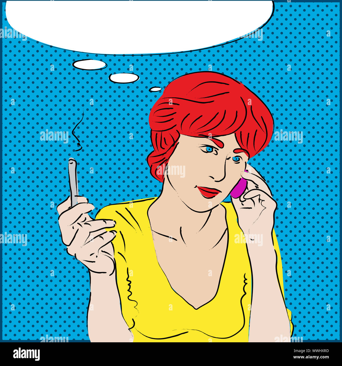 Un estilo pop art retrato de una niña de cabeza roja hablando por el teléfono y el hábito de fumar Foto de stock