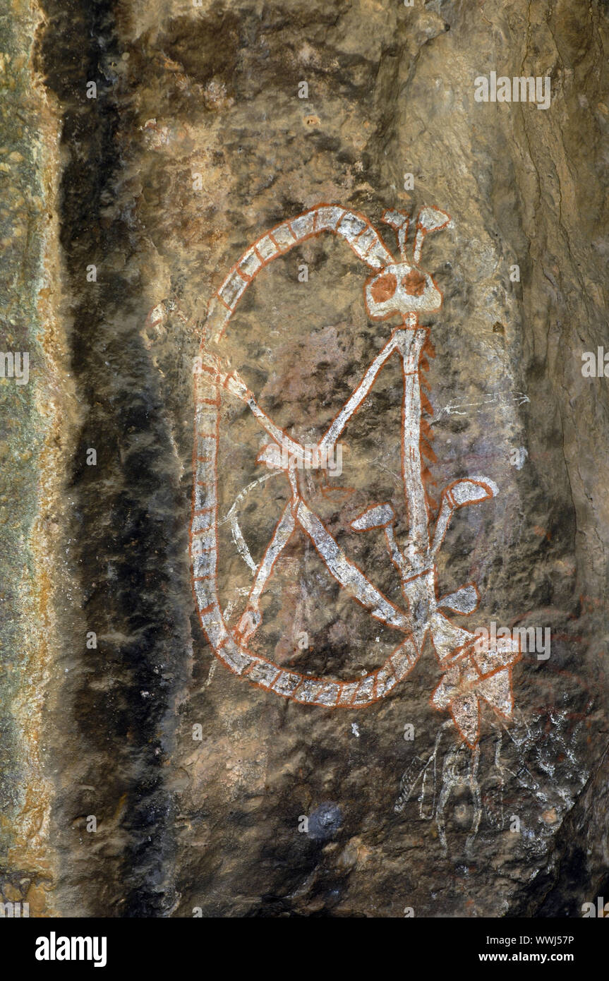 Pinturas rupestres de los aborígenes, 20000 años en el área de Nourlangie, Kakadu NP, el Territorio del Norte de Australia Foto de stock