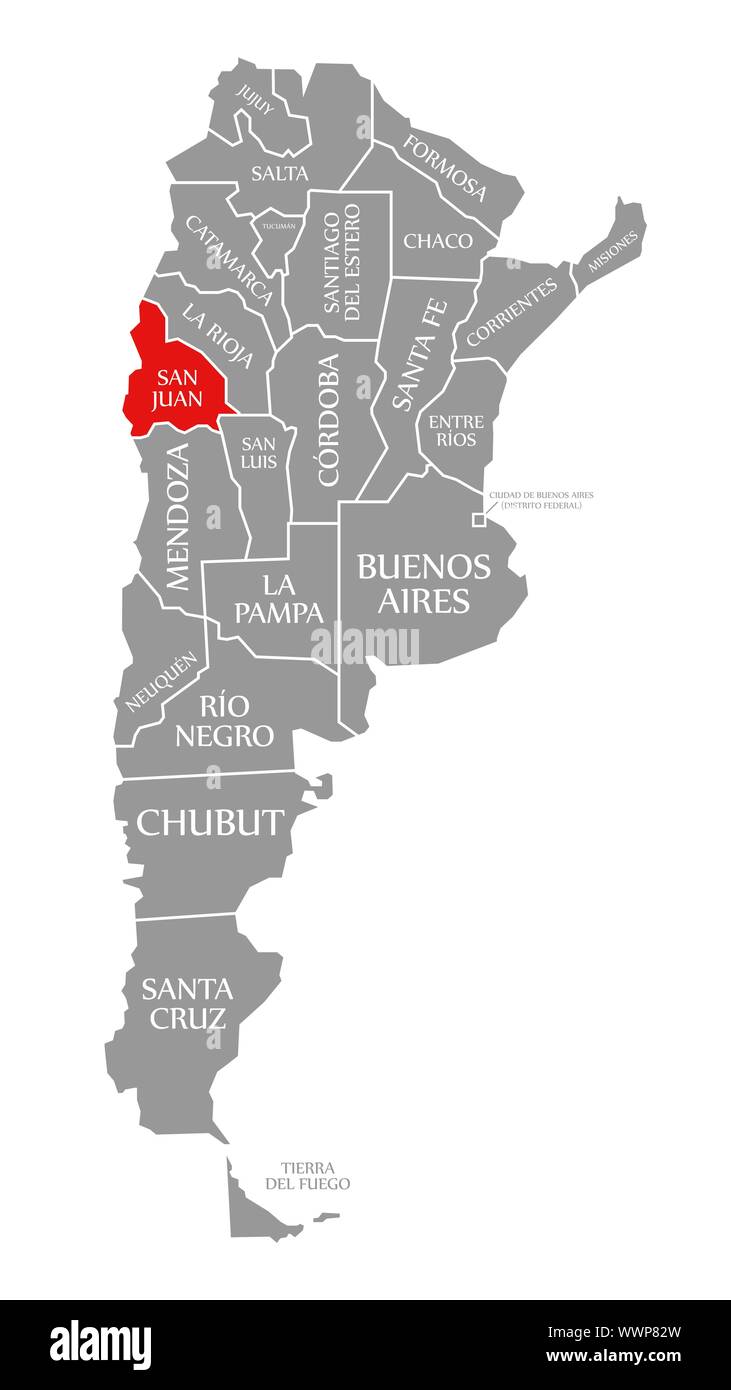 San Juan resaltada en rojo en el mapa de Argentina Fotografía de stock