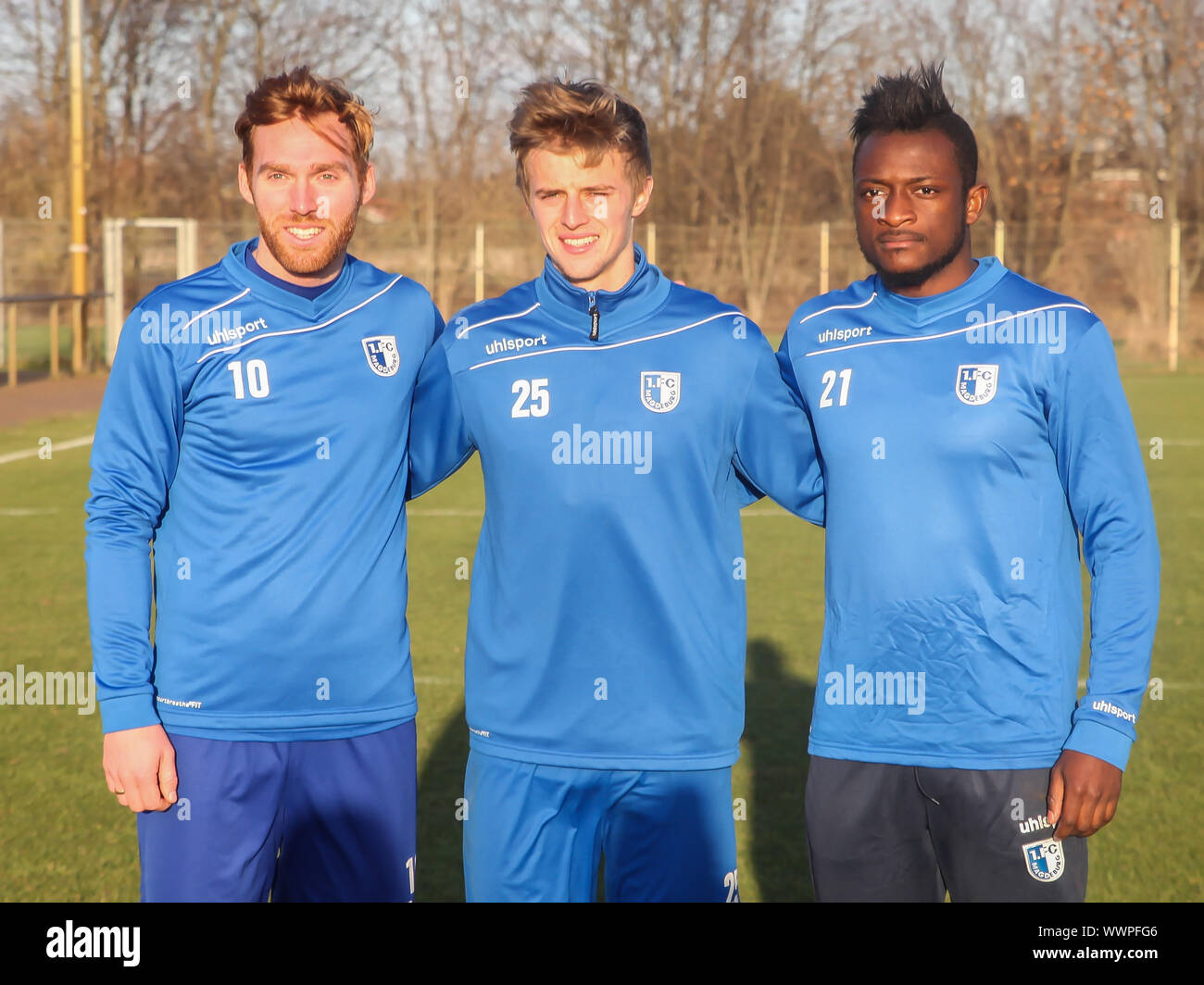 1.FC Magdeburg Neuzugänge DFB 3.Liga Saison 2015/16 Nico Hammann,Sebastian Ernst und David Kinsombi Foto de stock