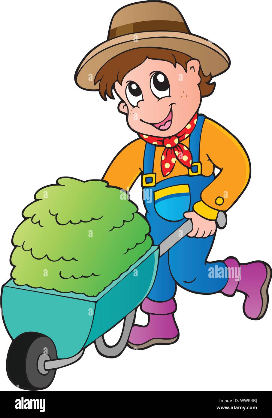 Dibujos animados con pequeños agricultores el carro de heno Imagen