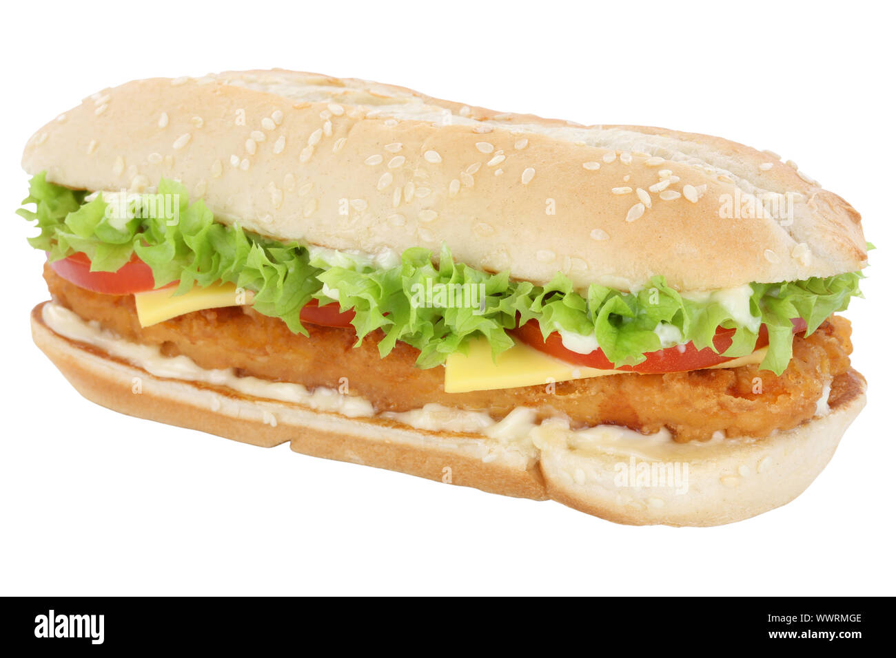 Pollo pollo pollo Burger hamburguesa de queso Ensalada de tomate corte aislado aislado Foto de stock