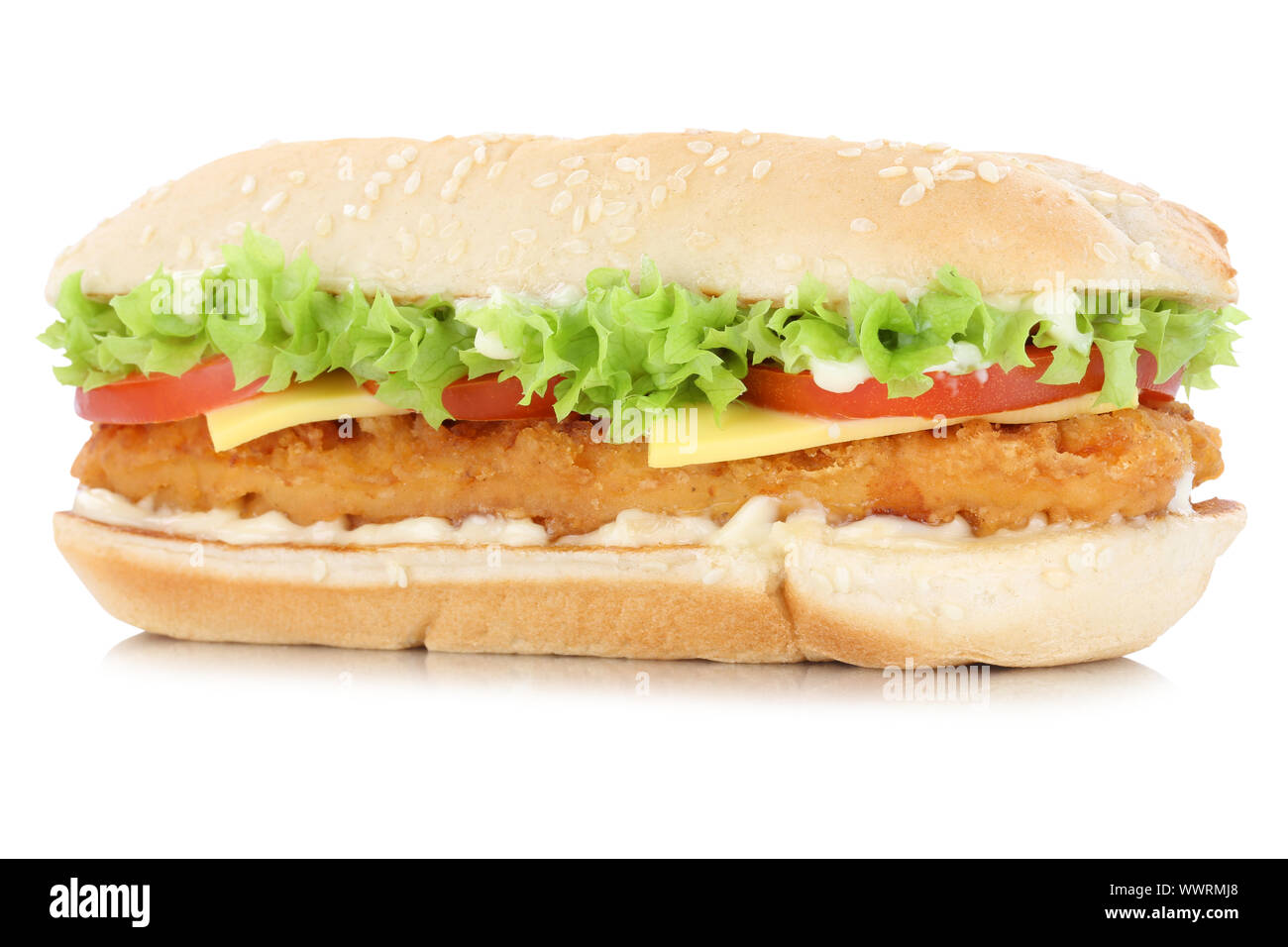 Hamburguesa de pollo pollo Chickenburger Queso exención aislado aislado Foto de stock