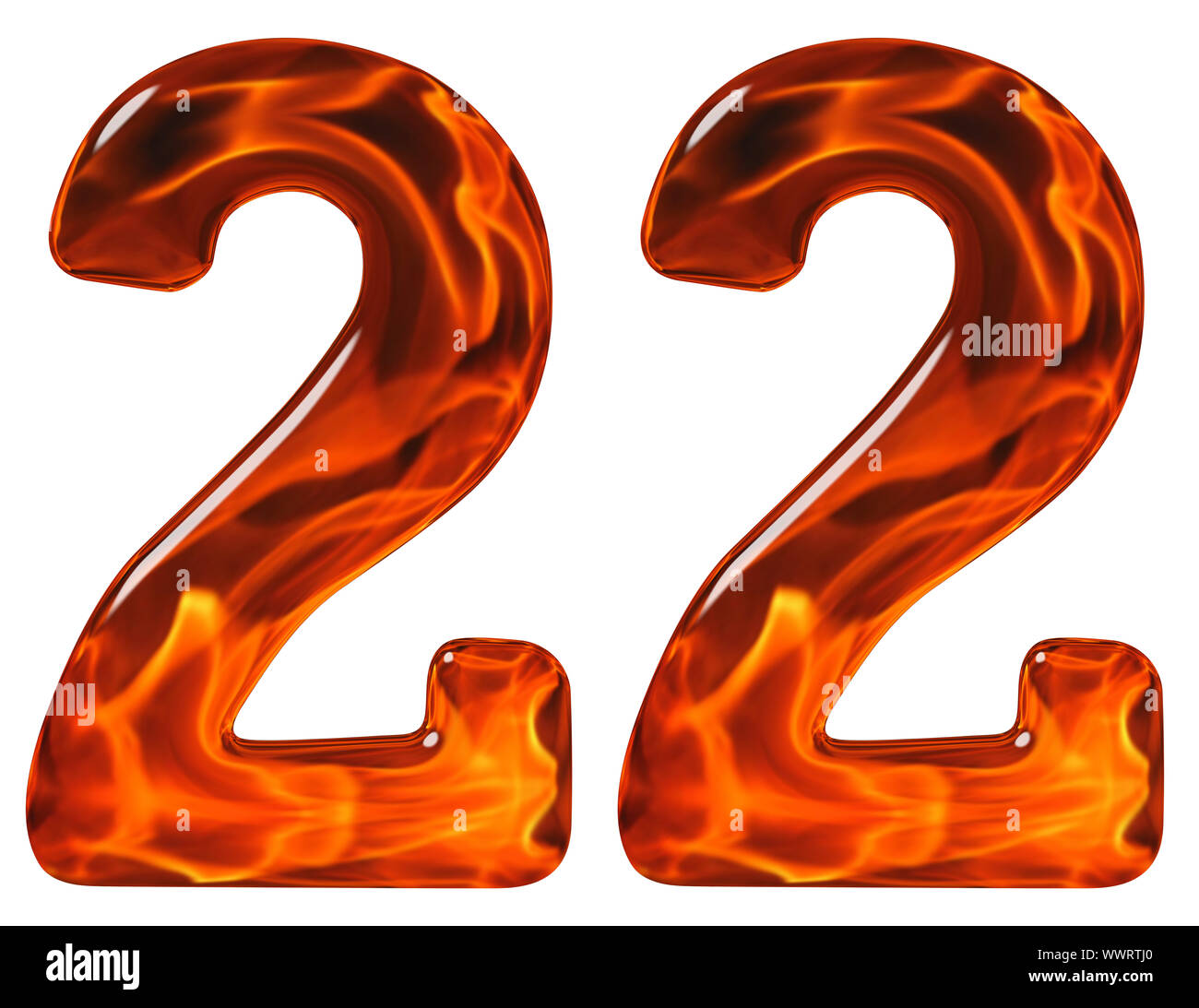 22, 22, numeral, imitaciones de vidrio y un fuego llameante, aislado sobre fondo blanco. Foto de stock