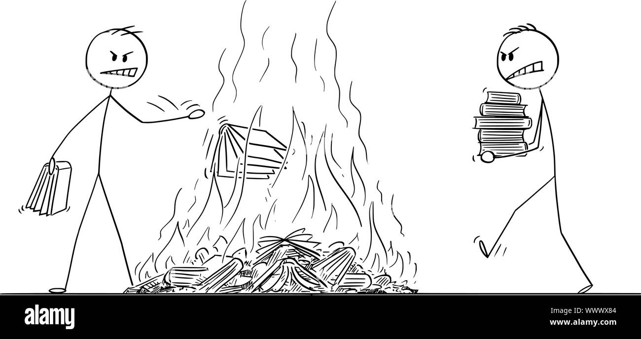 Cartoon vectores stick figura dibujo Ilustración conceptual de dos hombres quemar libros, arrojando libros en fuego. Concepto de censura y de odio. Ilustración del Vector
