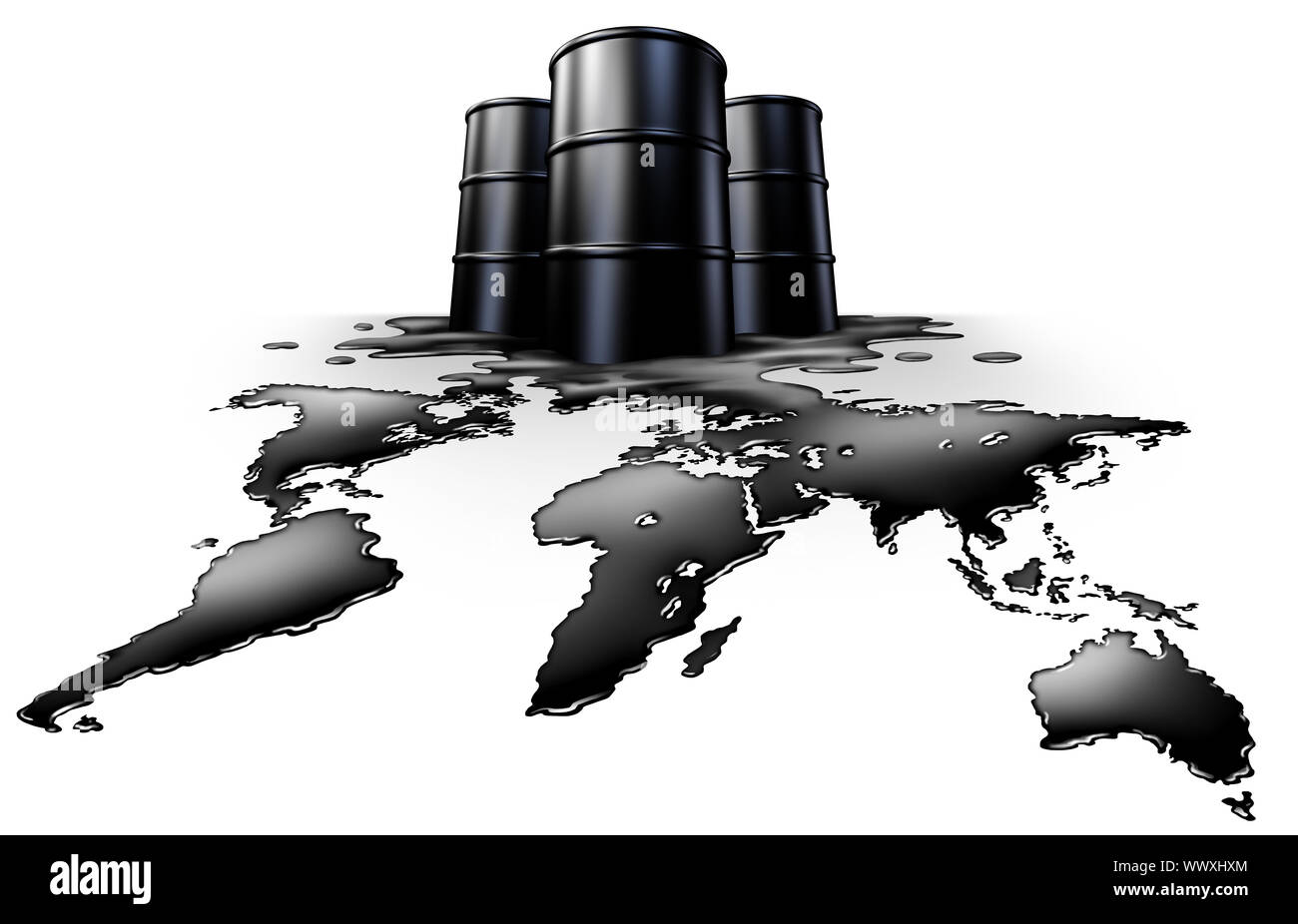 Crisis petrolera mundial concepto energético y las exportaciones de petróleo como un símbolo global de suministro de combustible fósil como un icono con forma de derrame como el planeta. Foto de stock