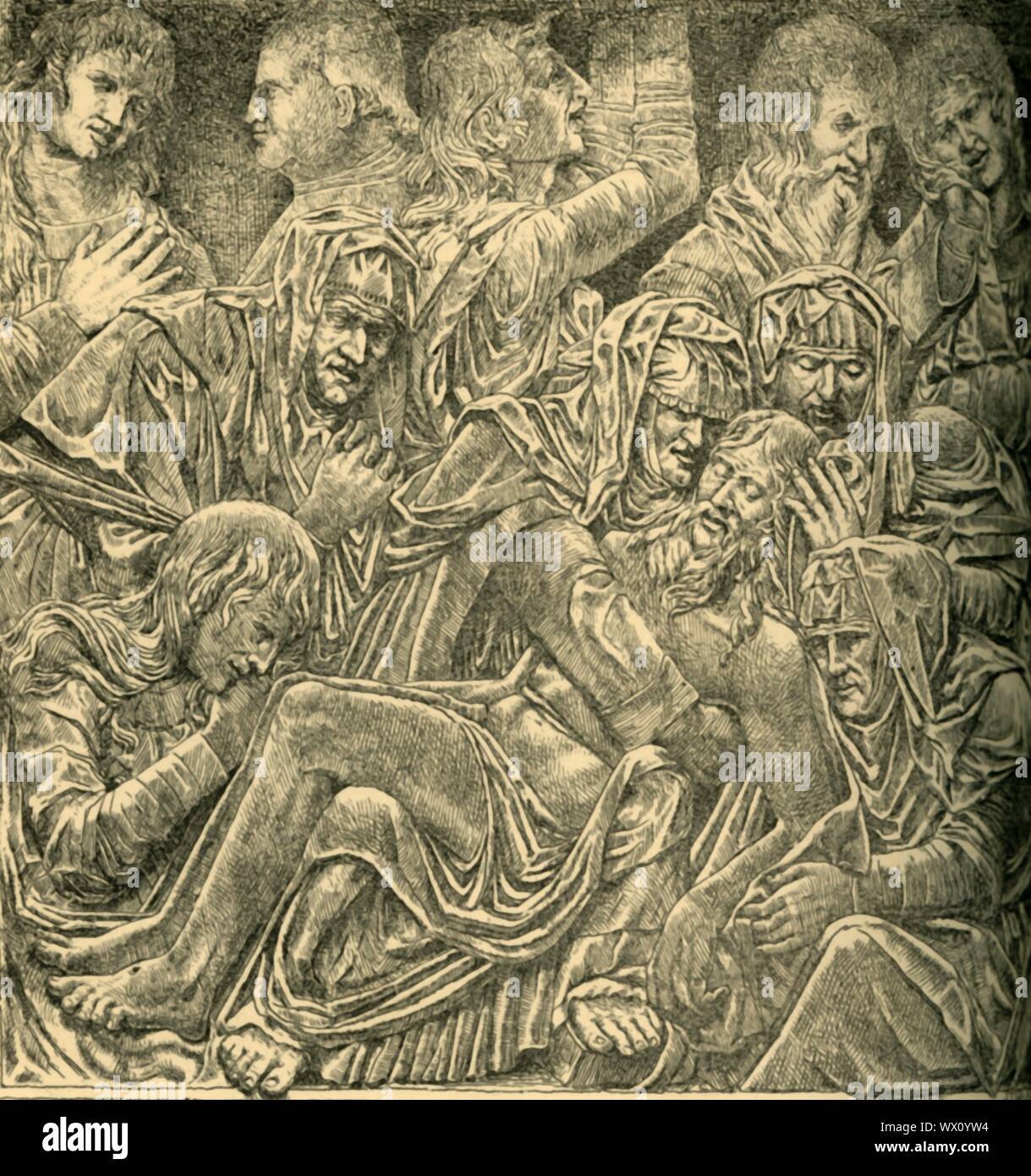 La Lamentación sobre Cristo Muerto, panel de mármol, c1470-1475, (1881). Aguafuerte de tallados realizados por Bartolomeo Bellano socorro a principios de los 1470s para la iglesia de los SS Trinité,&#xe0; en Padua, Italia. El grupo posiblemente formaban la parte central de un retablo y muestra a Cristo acostado en el regazo de la Virgen María, con María Magdalena, en la esquina inferior izquierda besando a Cristo de la mano derecha. El anciano en la fila superior, (segundo desde la izquierda, en el perfil), puede ser el donante de la pieza. Desde el "South Kensington Museum", un libro de ilustraciones, grabados con descripciones, de las obras de arte en el Foto de stock