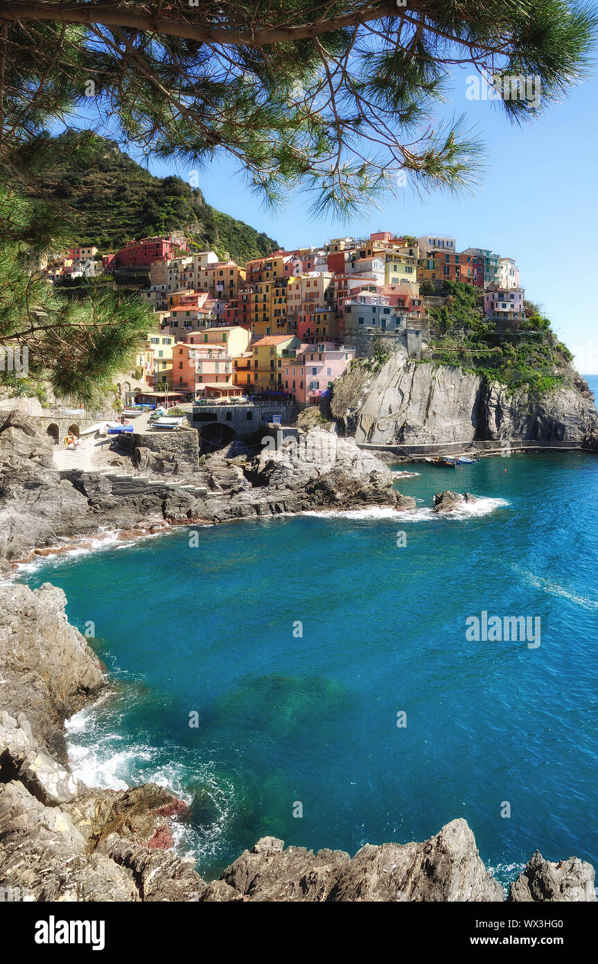 En Manarola Cinque Terre,Riviera Italiana,Liguria,Mar mediterráneo,Italia Foto de stock