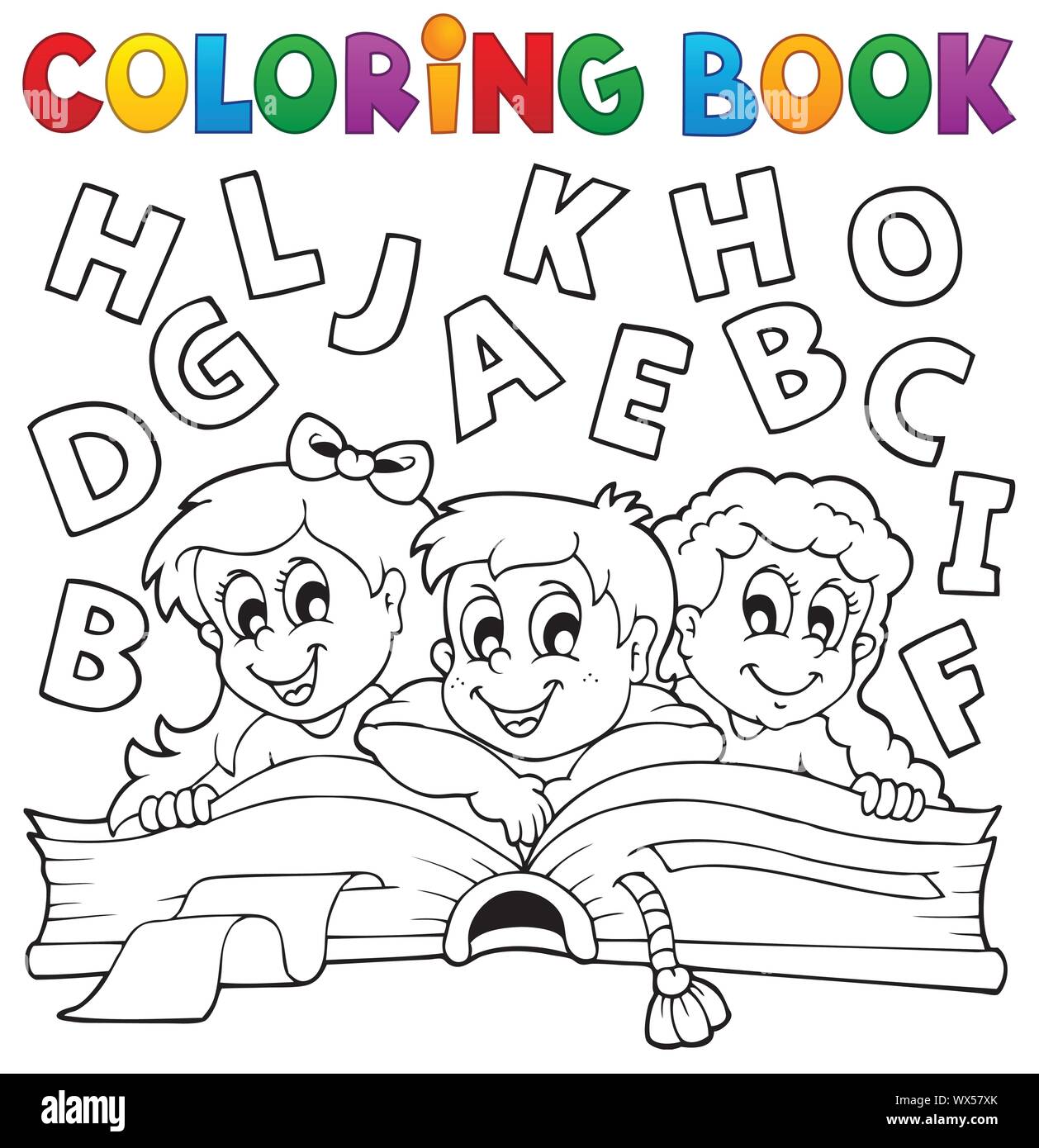 Grupo de niños leyendo un libro libro para colorear página Imagen Vector de  stock - Alamy