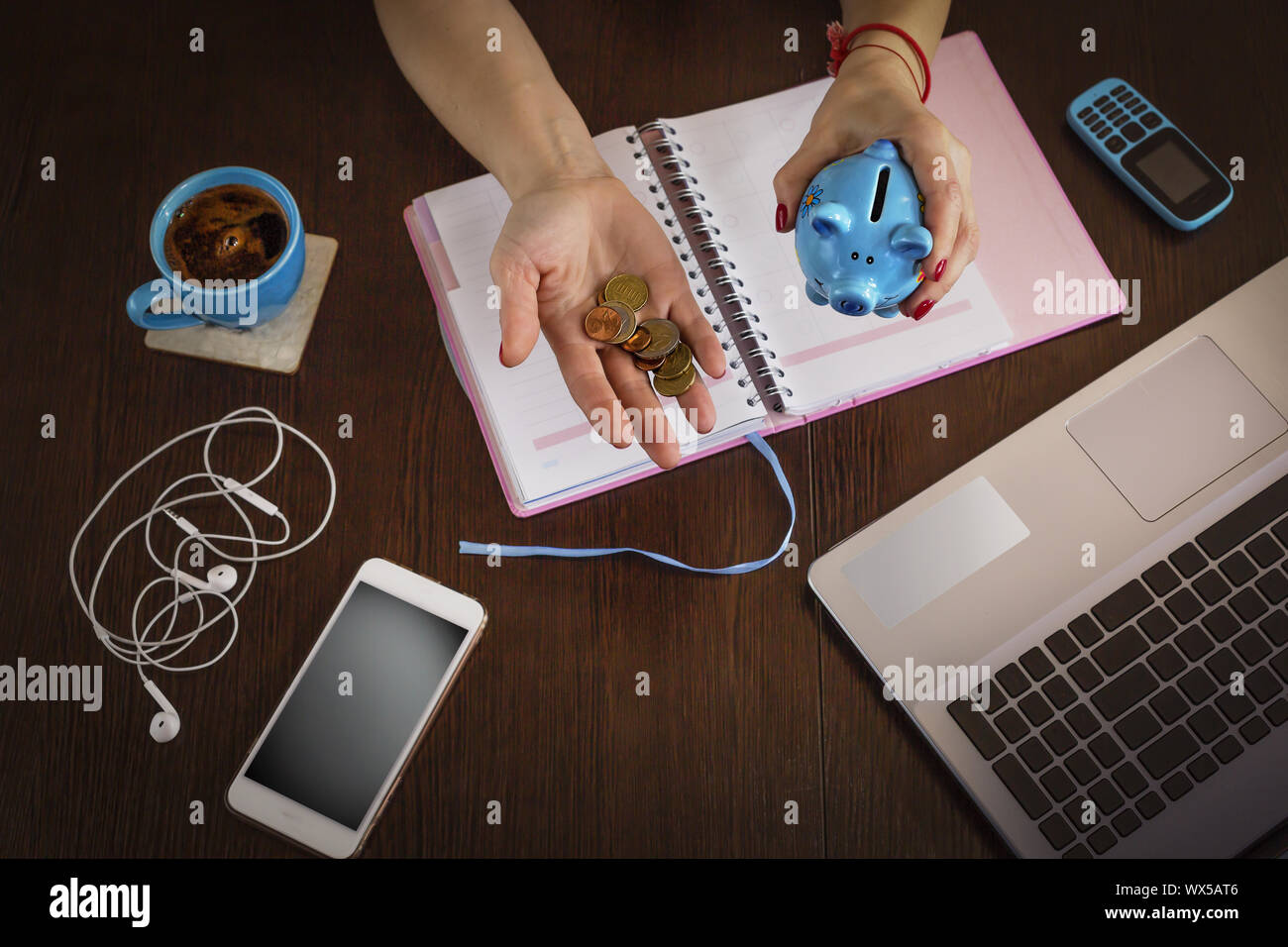 Piggy-piglet, Freelancer, mujer, en su escritorio, portátil, smartphone Foto de stock
