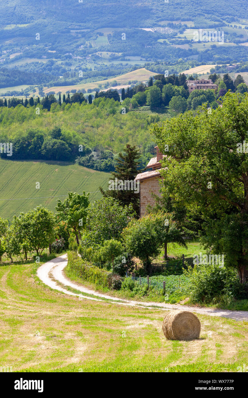 Paisaje en Marche Italia con fardos de paja en un campo Foto de stock