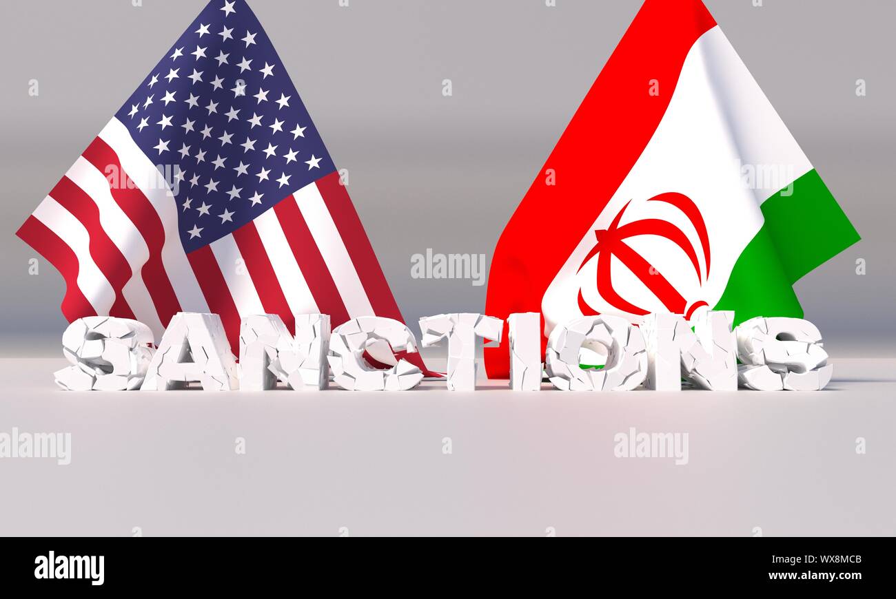 Las sanciones contra el Irán occidental americana. Ilustración 3D. Foto de stock