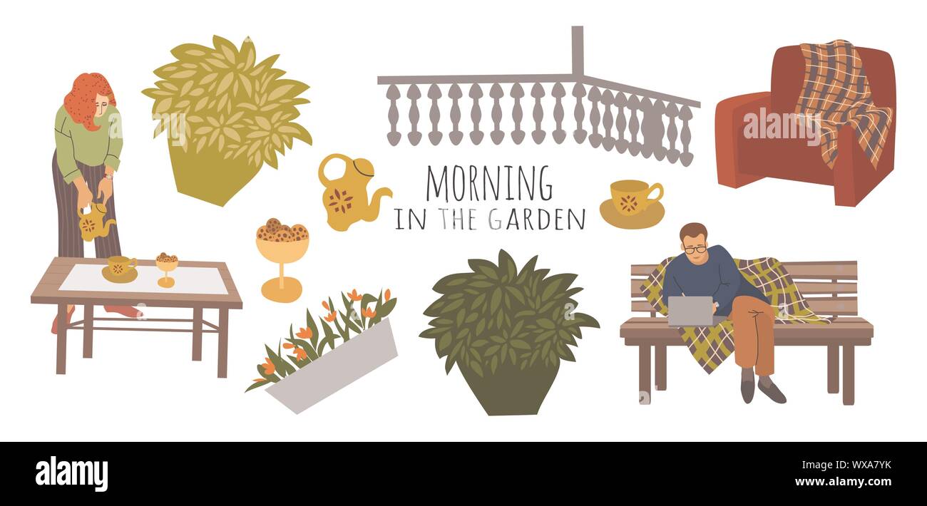 Conjunto de elementos de diseño vectorial para ilustrar una familia tea party al aire libre. El esposo, la esposa, flores, arbustos, un banco, una mesa y una silla con un aislado plaid Ilustración del Vector