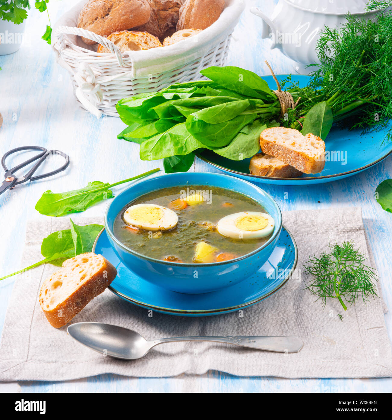Acedera sopa con patatas y huevo Foto de stock