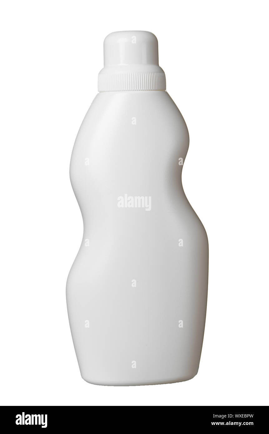 Botella de plástico blanca curvada sobre superficies aisladas Foto de stock