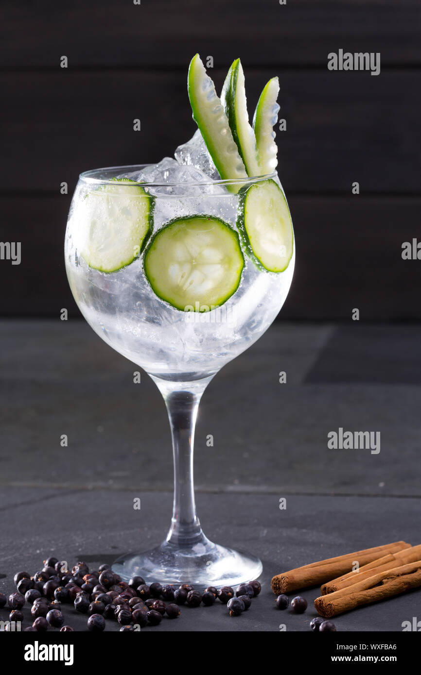 Gin Tonic cóctel con pepino y canela y bayas de enebro sobre negro  Fotografía de stock - Alamy