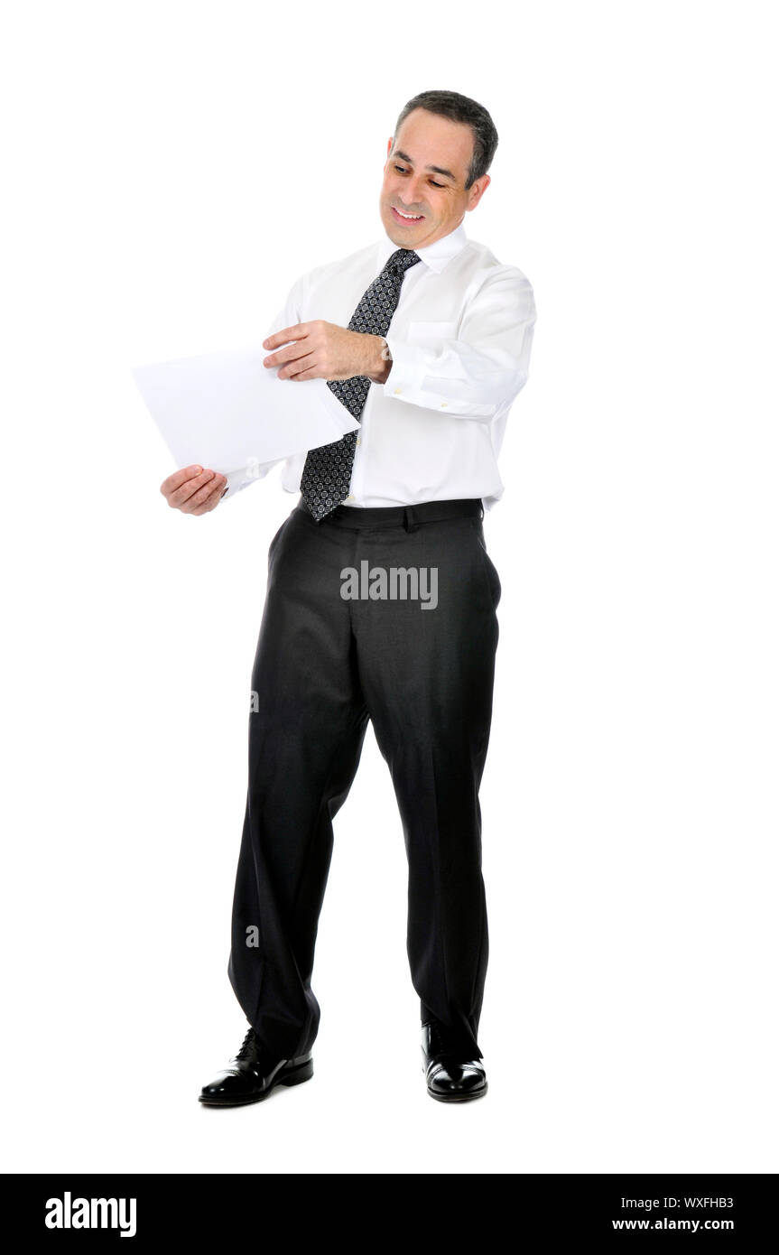 Hombre de negocios en traje con expresión confusa la celebración de ponencias Foto de stock