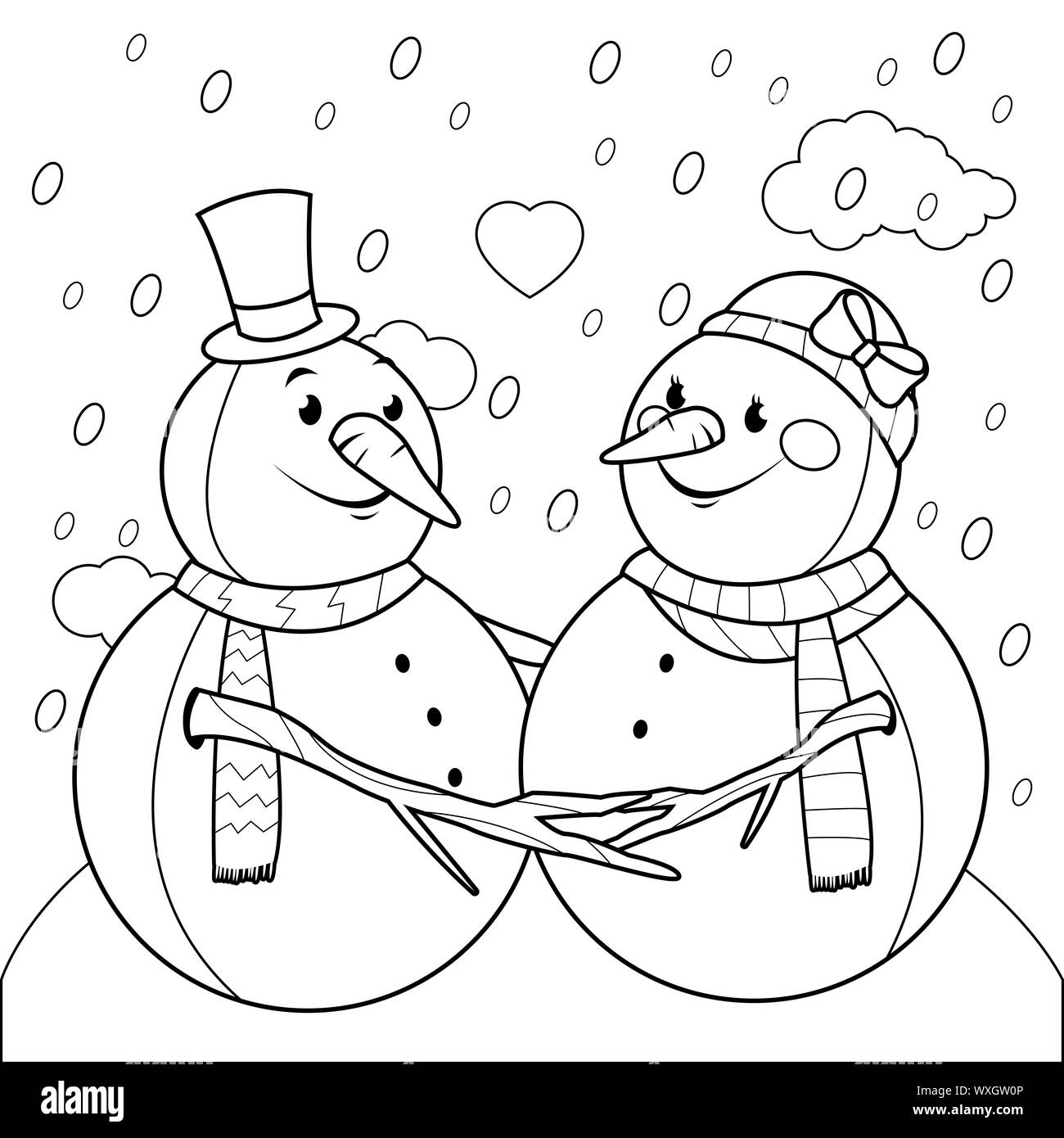 Cute muñecos de nieve en la nieve. Blanco y negro para colorear la  ilustración de la página Fotografía de stock - Alamy