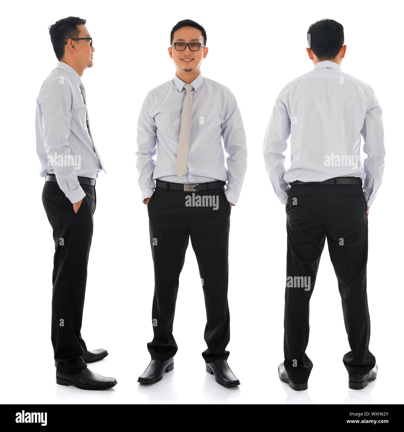 Cuerpo completo joven empresario asiático en otro ángulo, la vista frontal, lateral y posterior. Se encuentran aisladas sobre fondo blanco. Foto de stock
