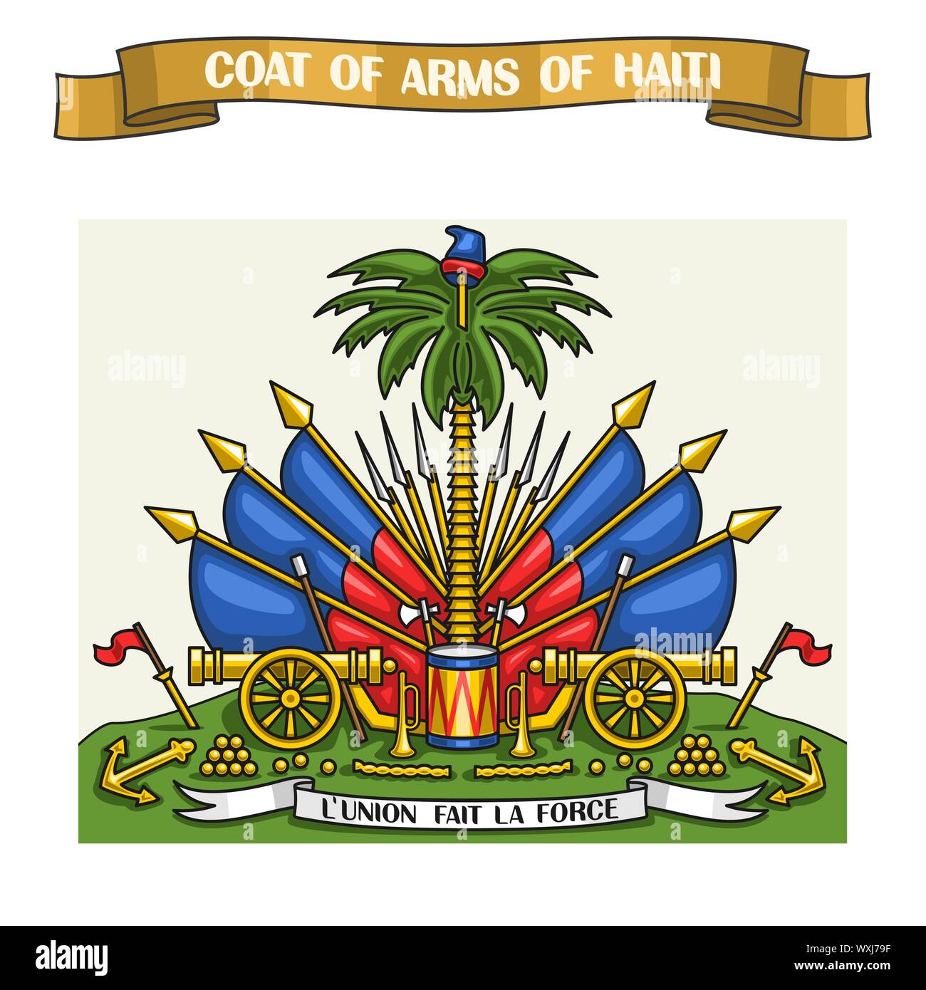 Ilustración vectorial sobre el tema de los haitianos Escudo de Armas, el escudo heráldico de banderas - emblema estatal nacional de Haití, en la cinta de opciones Texto de título: Escudo de Ilustración del Vector