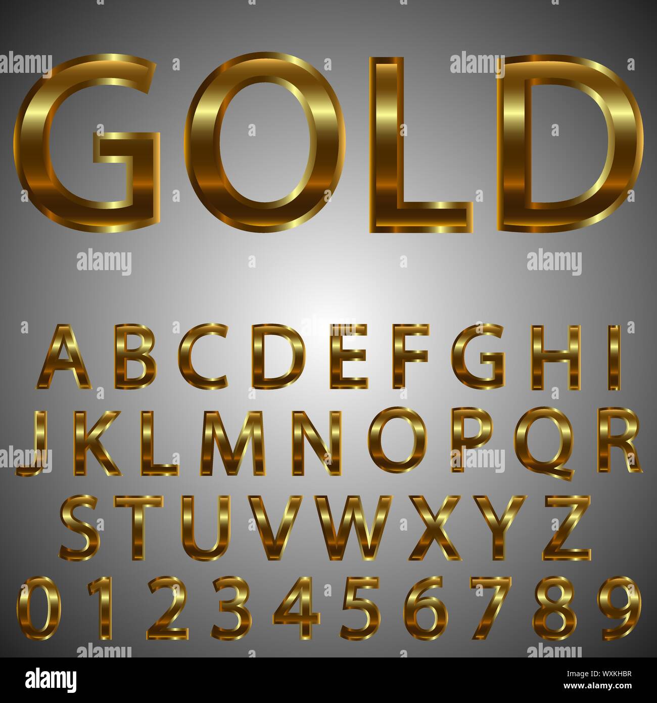 Alfabeto retro font. Efecto de Oro Metal letras y números. Tipografía