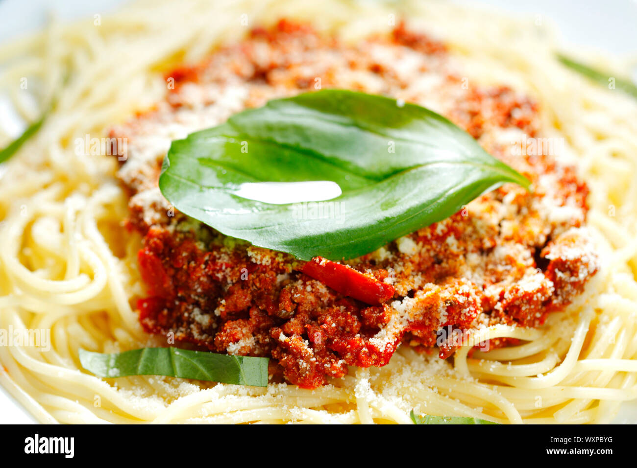 Los espaguetis a la boloñesa con albahaca en placa blanca en black mesa Foto de stock