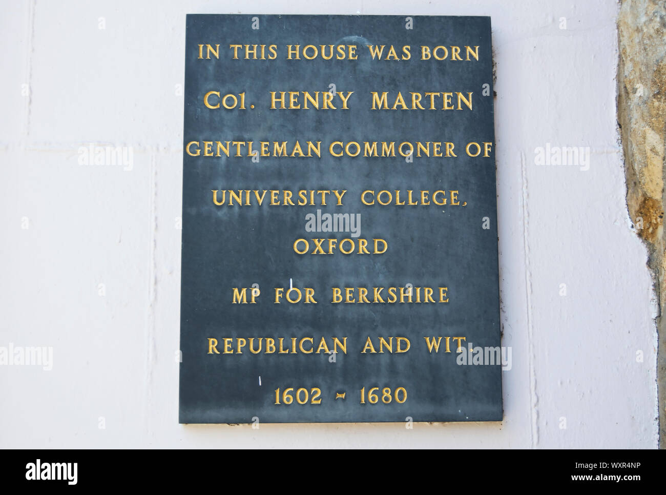 Placa de pared marcando el 1602 Nacimiento del coronel Henry Marten, caballero plebeya del University College, mp, republicano y de ingenio, en Oxford, Inglaterra Foto de stock