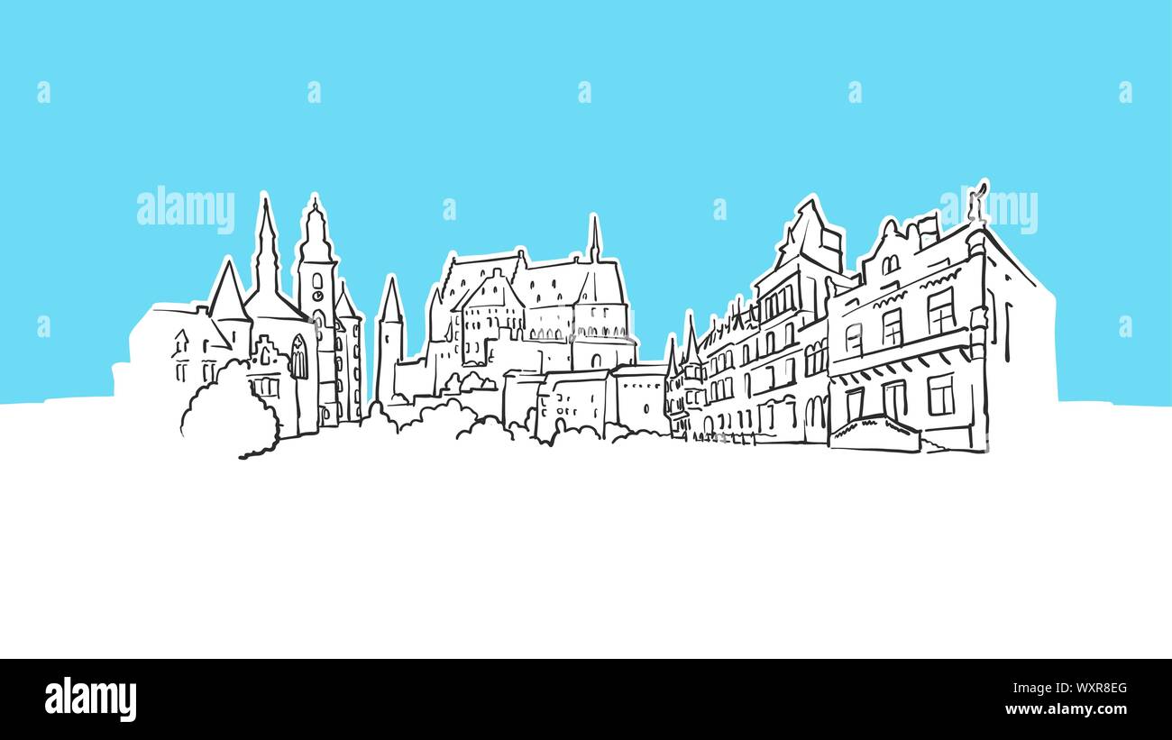 Luxemburgo Skyline Vector Panorama Sketch. Ilustración dibujado a mano sobre fondo azul. Ilustración del Vector