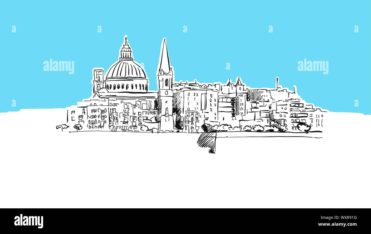 La Valetta Skyline Vector Panorama Sketch. Ilustración dibujado a mano sobre fondo azul. Ilustración del Vector