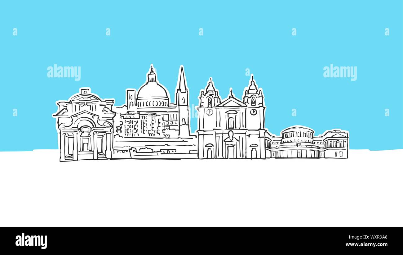 La Valeta, Malta Skyline Vector Panorama Sketch. Ilustración dibujado a mano sobre fondo azul. Ilustración del Vector