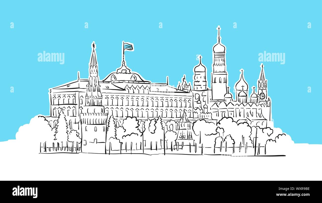 Kremlin, Moscú Skyline Vector Panorama Sketch. Ilustración dibujado a mano sobre fondo azul. Ilustración del Vector