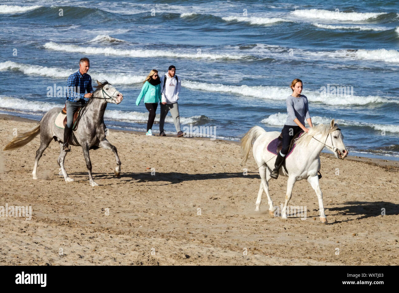 Gente que camina en la playa jinetes de caballos Playa junto al mar Pareja caminando Foto de stock