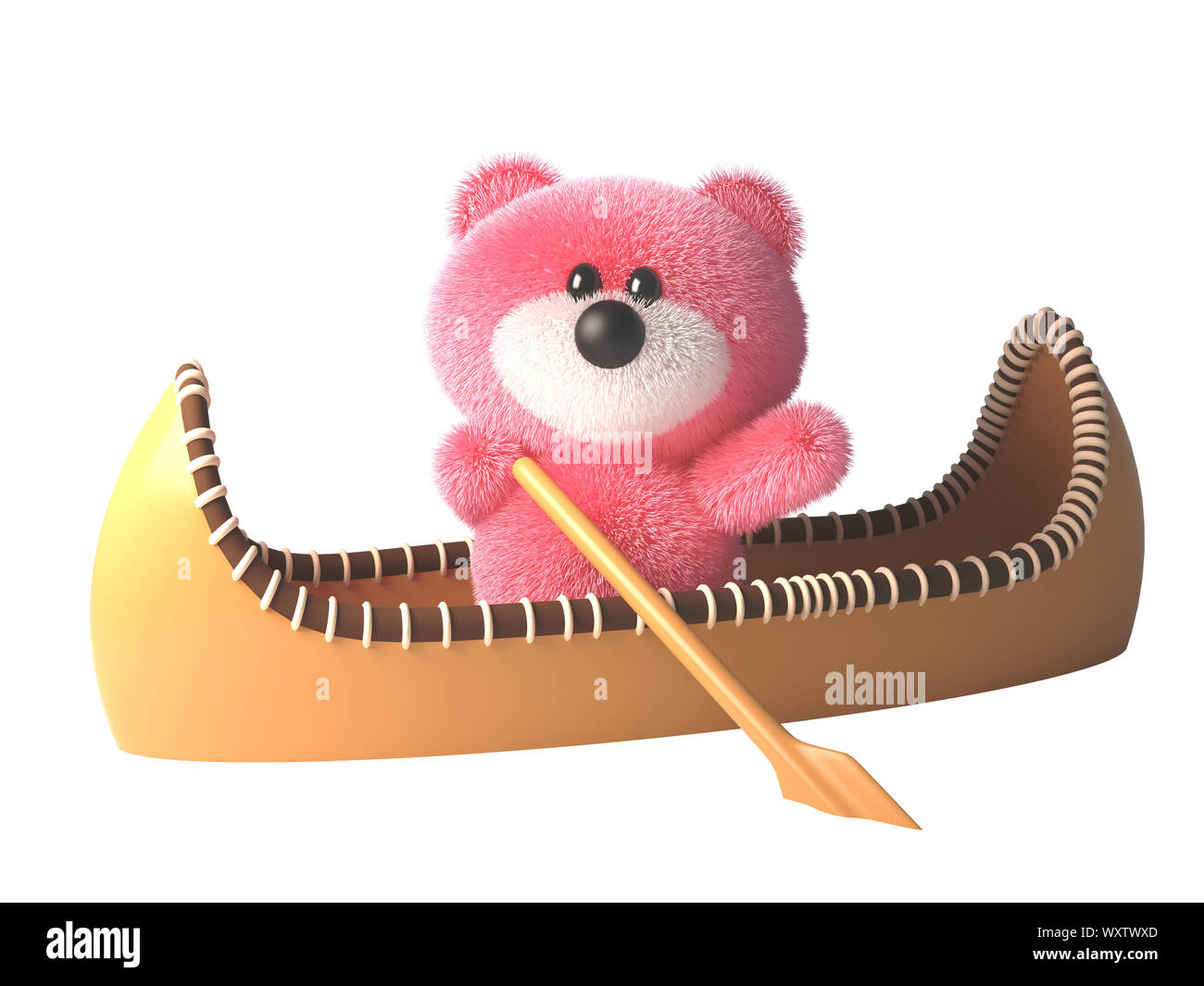 Rosa osito rosa mullidas cartoon personaje 3D en un kayak canoa, ilustración 3D Render Foto de stock