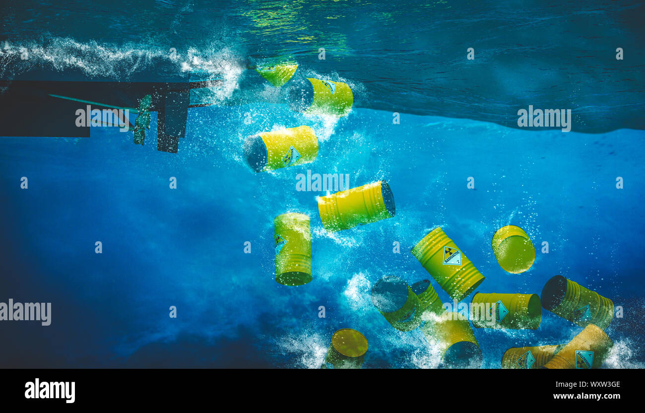 Barril que contienen materiales peligrosos y radiactivos se vierten al mar desde un barco. Concepto de desastre ambiental. 3D Render Foto de stock
